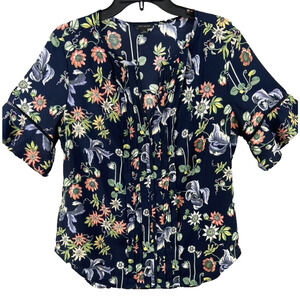 Ann Taylor Shirt Womens Sz M Blue Floral V-Neck Bell Sleeve Pleated Front Hi Low
